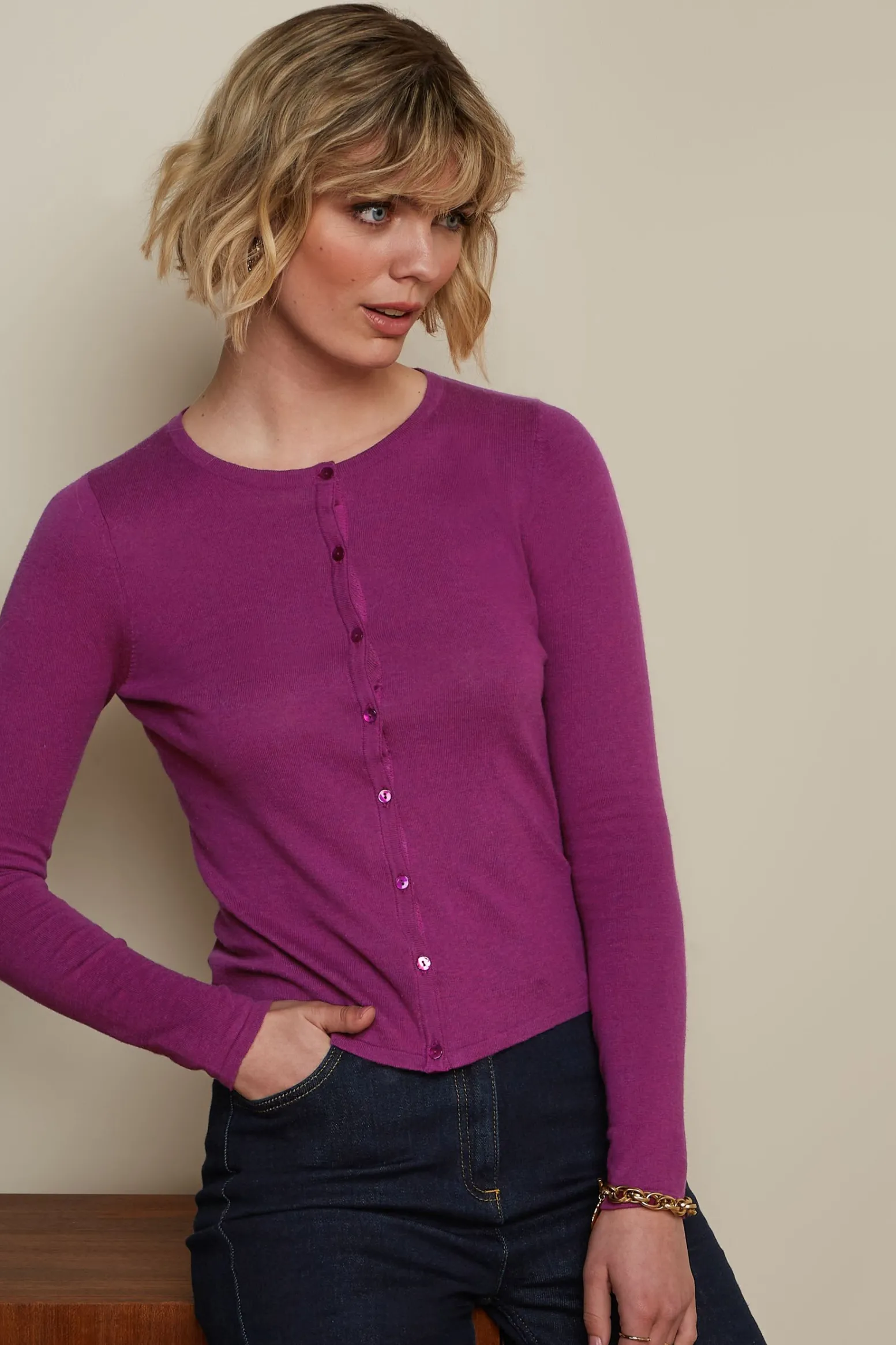 King Louie Vesten|Cardi Roundneck Cocoon Vivid Purple