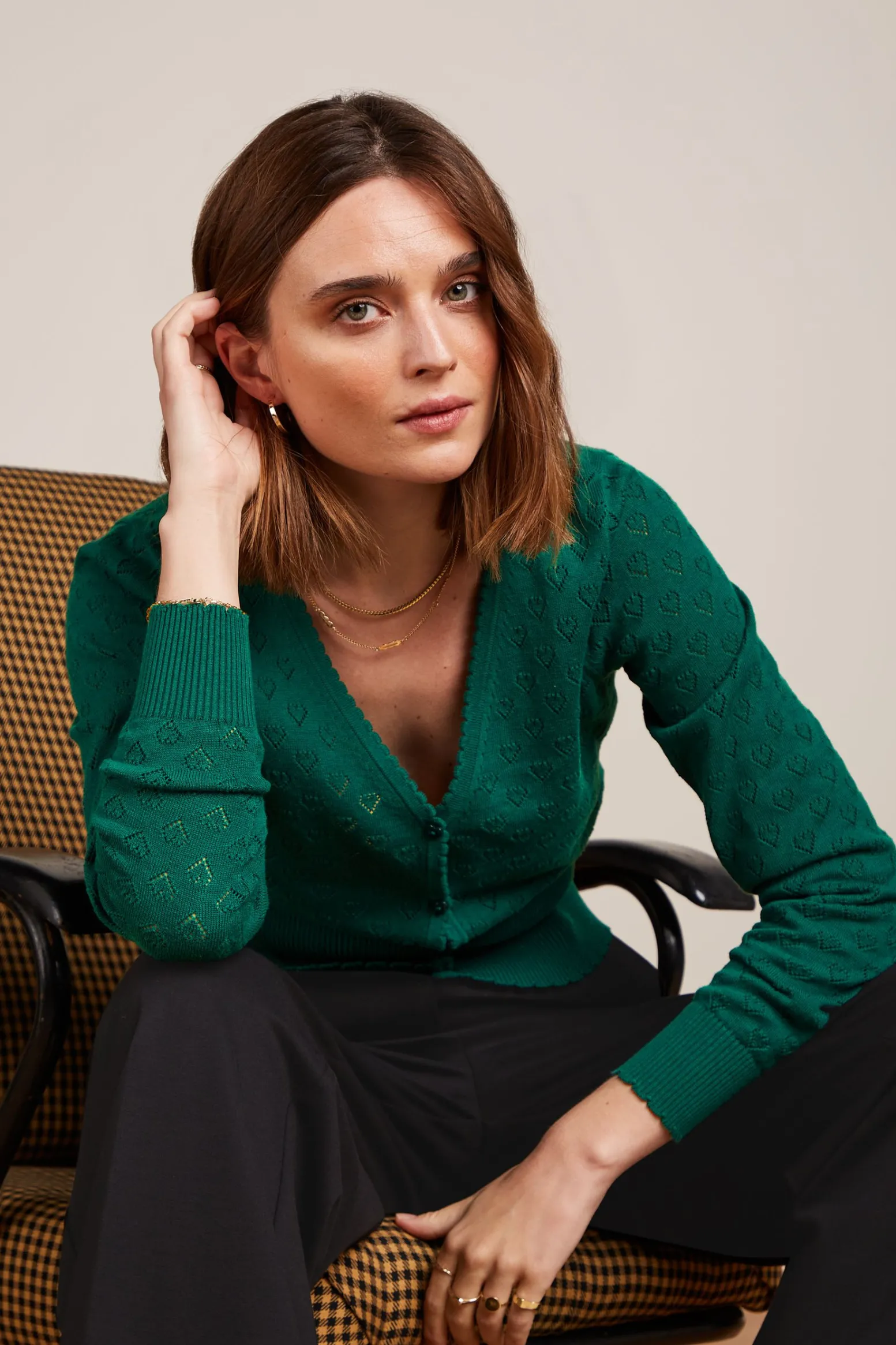 King Louie Vesten|Cardi V Heart Ajour BCI Peacock Green