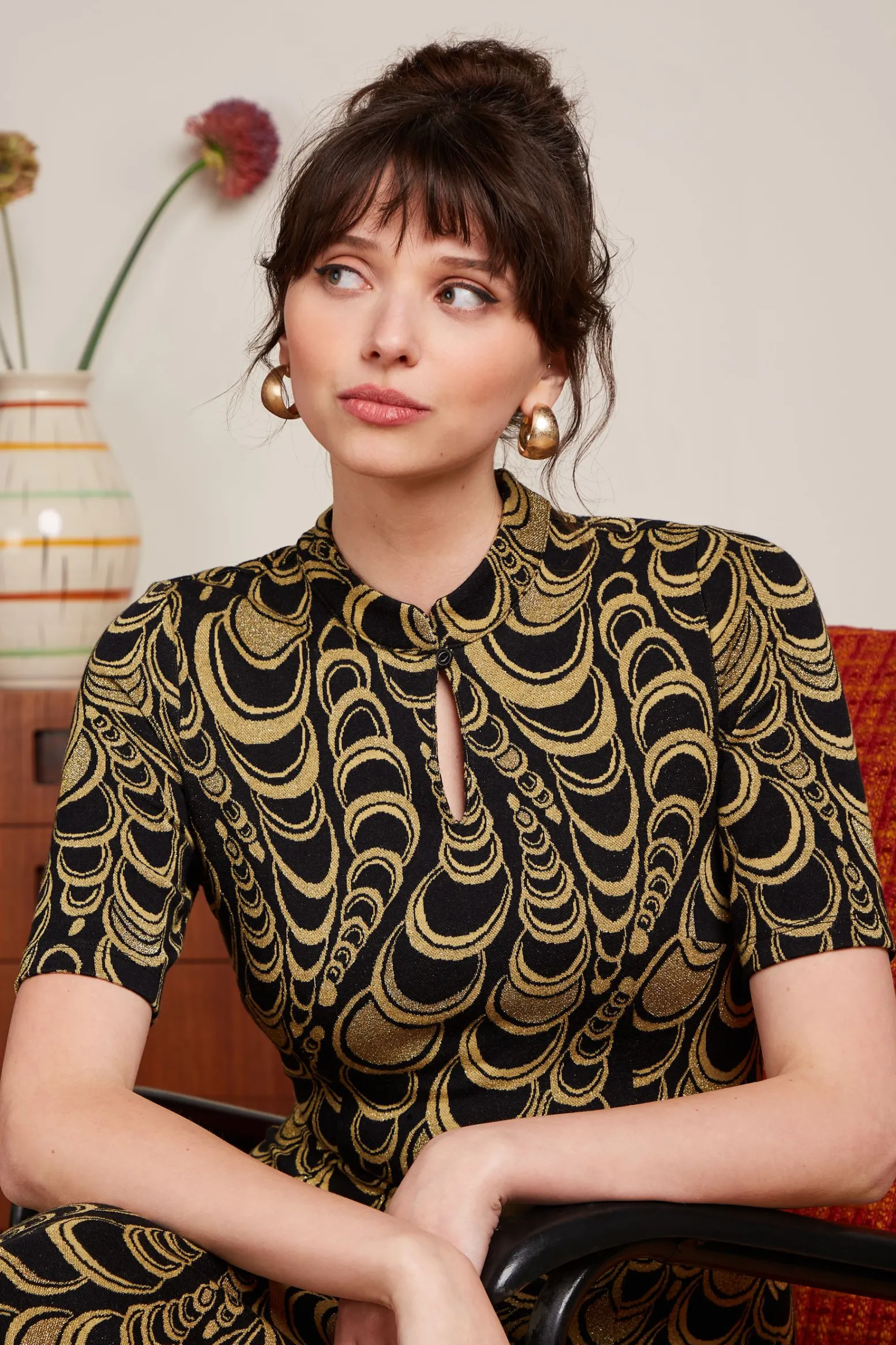 King Louie Jurken|Chinese Midi Dress Bobbin Jacquard Black