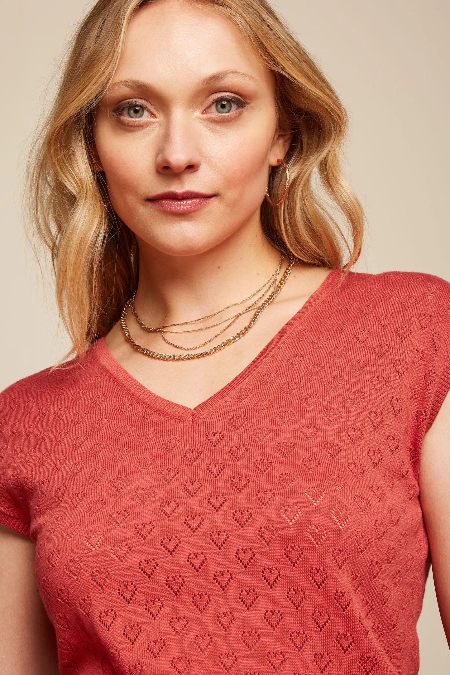 King Louie Tops & Shirts|Deep V Top Heart Ajour Tweed Orange