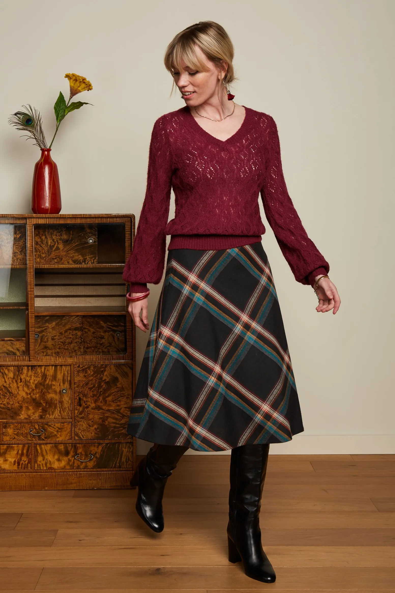 King Louie Rokken|Juno Midi Skirt Sera Check Black