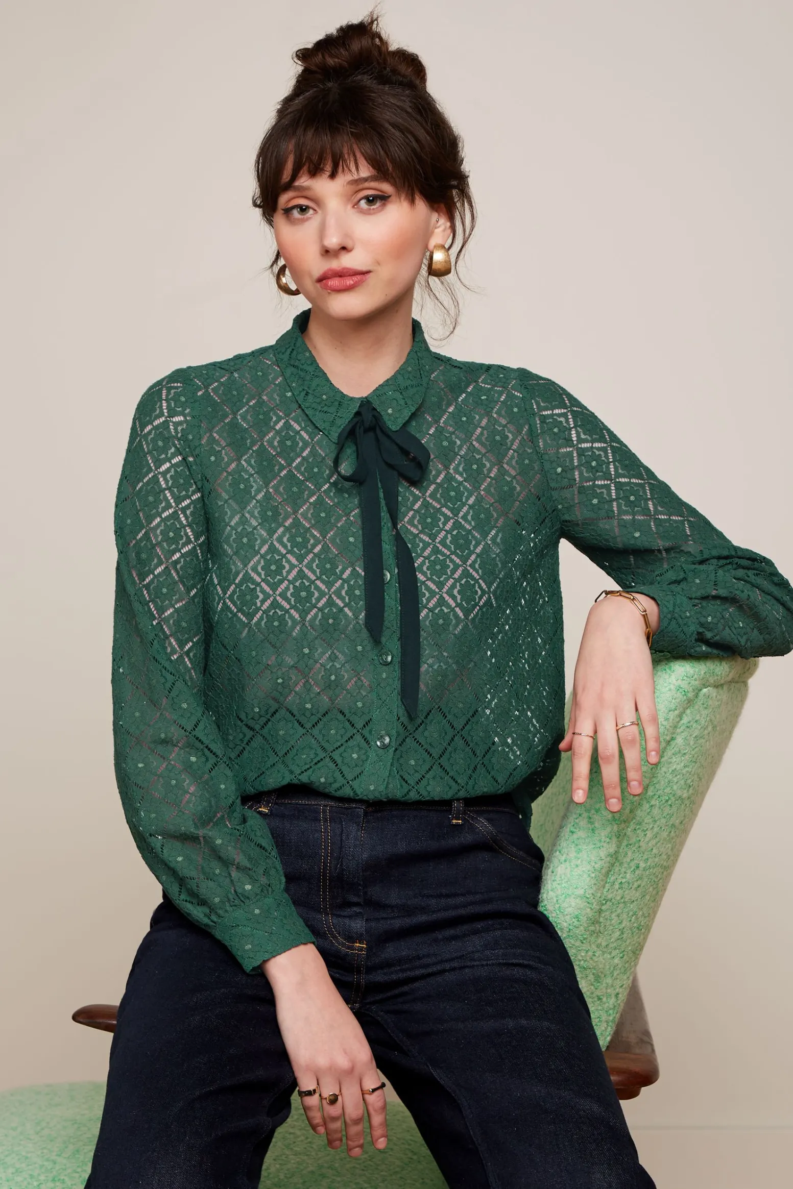King Louie Blouses|Maisie Blouse Artiste Lace Amazon Green