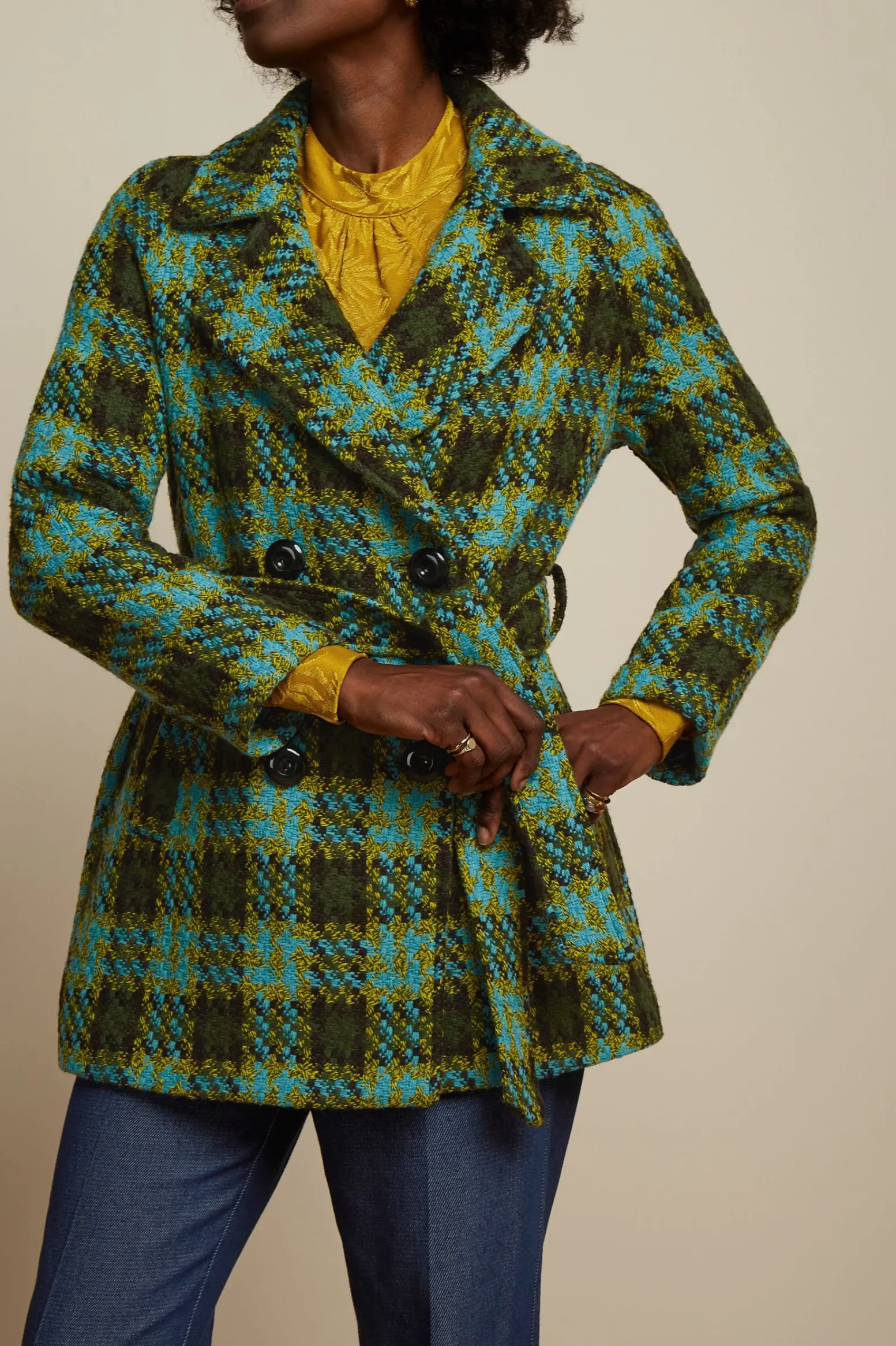 King Louie Jassen & Blazers|Maura Short Coat Muller Check Olive Green