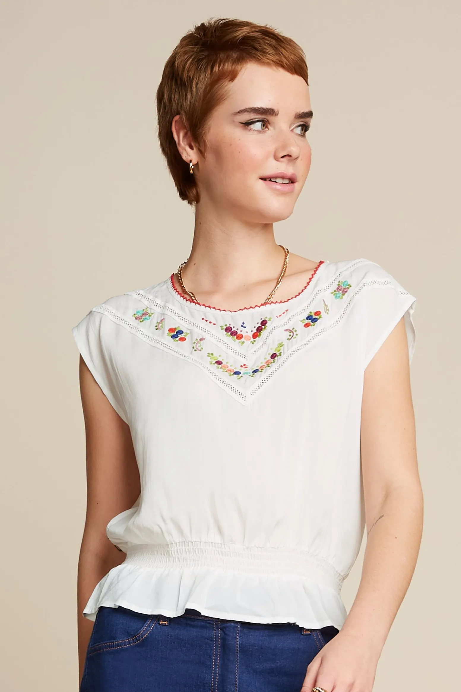 King Louie Tops & Shirts|Selly Top Citrine Embroidery Cream